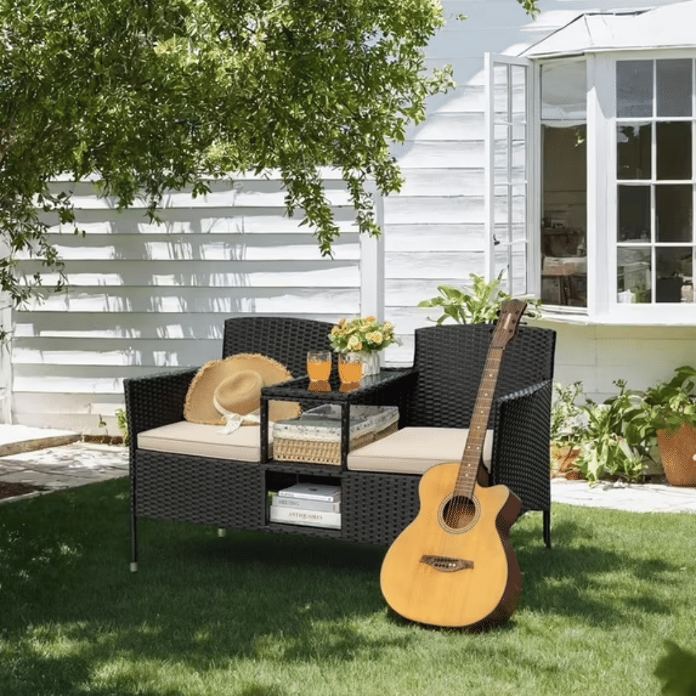 Outdoor Patio Loveseat Black Wicker 2-Seat Patio Conversation Set with Cushions & CenterStorageTableBeige