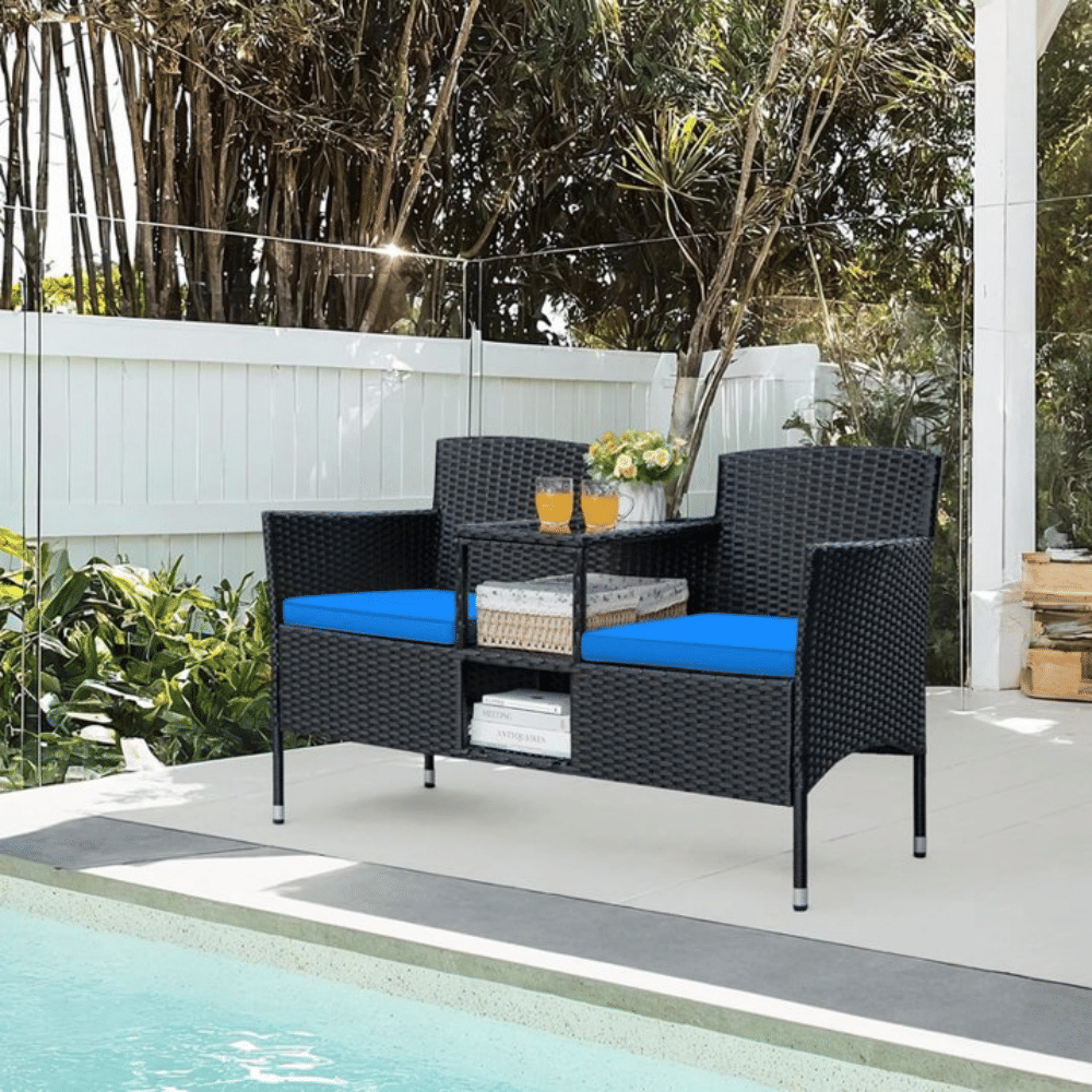Outdoor Patio Loveseat Black Wicker 2-Seat Patio Conversation Set with Cushions & CenterStorageTableBlue