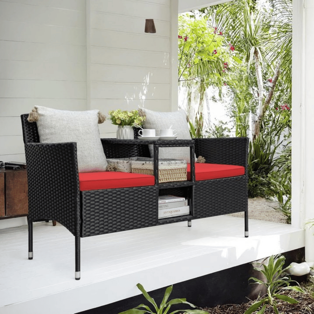Outdoor Patio Loveseat Black Wicker 2-Seat Patio Conversation Set with Cushions & CenterStorageTableRed