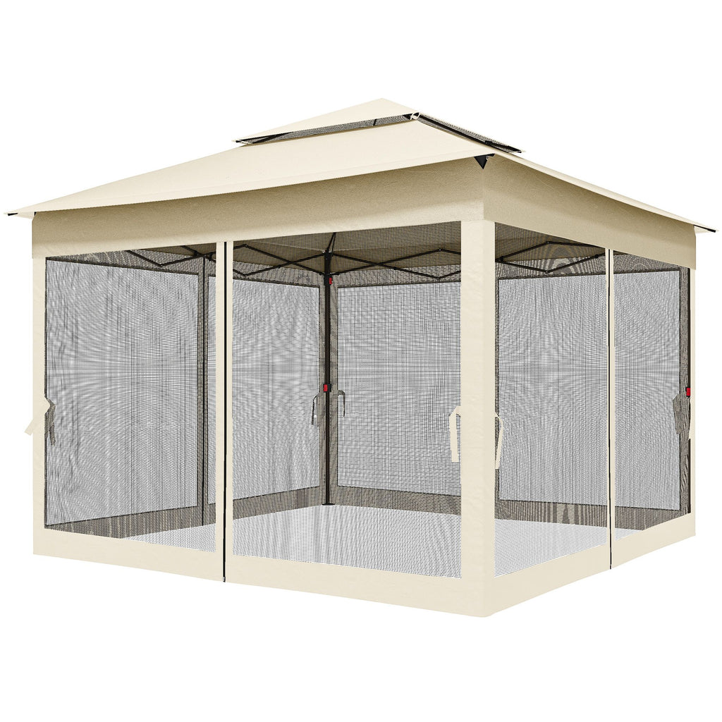 Outdoor Patio Pop Up Canopy Gazebo Shelter with Zipper Netting, Carry Bag, 11' x 11', Beige