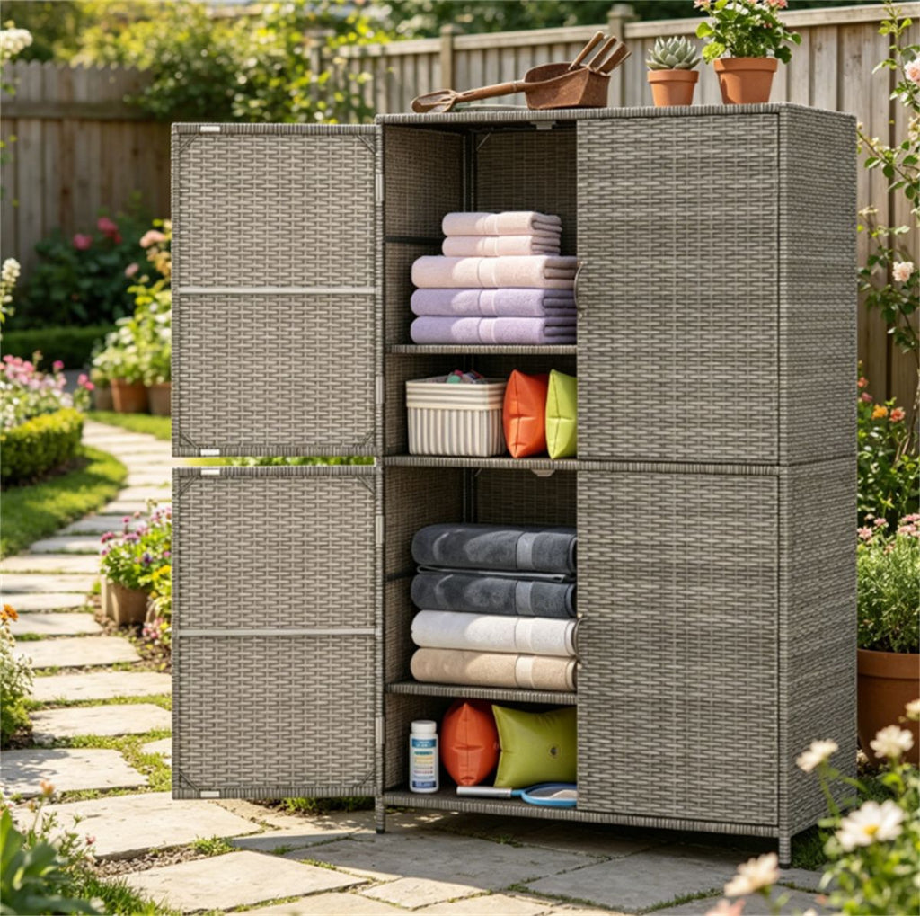 Outdoor PE Rattan Storage Cabinet with Adjustable Shelves, Anti-Tip Garden Tool Storage Shed for Patio Backyard Poolside-Gray