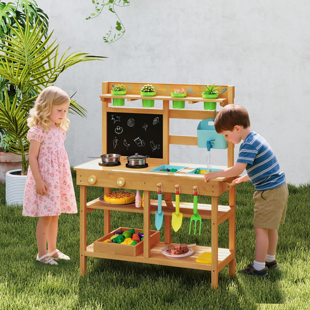 Outdoor Play Pretend Kitchen with Faucet and Removable Sinks for Children Aged 3+