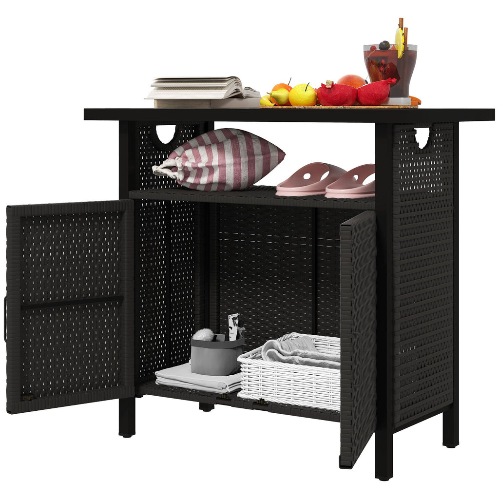 Outdoor Pool Towel Storage Cabinet Organizer, Pool Towel Holder with Shelf and Cabinet, Pool Valet with Weather-Resistant PE Rattan and Steel Frame, Espresso