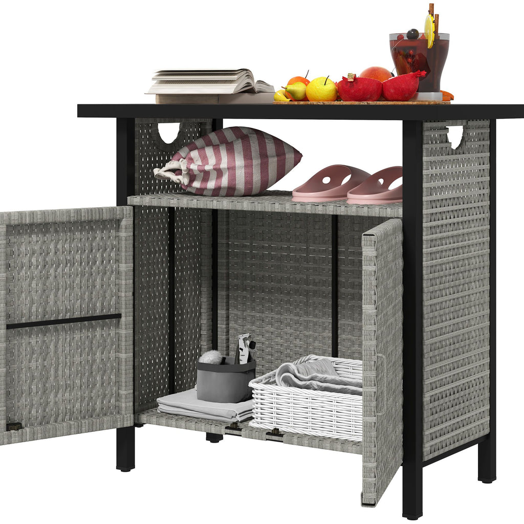 Outdoor Pool Towel Storage Cabinet Organizer, Pool Towel Holder with Shelf and Cabinet, Pool Valet with Weather-Resistant PE Rattan and Steel Frame, Gray