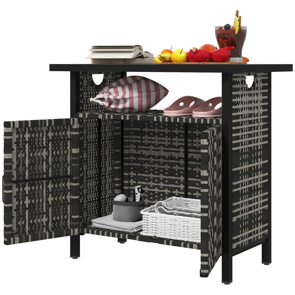 Outdoor Pool Towel Storage Cabinet Organizer, Pool Towel Holder with Shelf and Cabinet, Pool Valet with Weather-Resistant PE Rattan and Steel Frame, Mixed-Gray