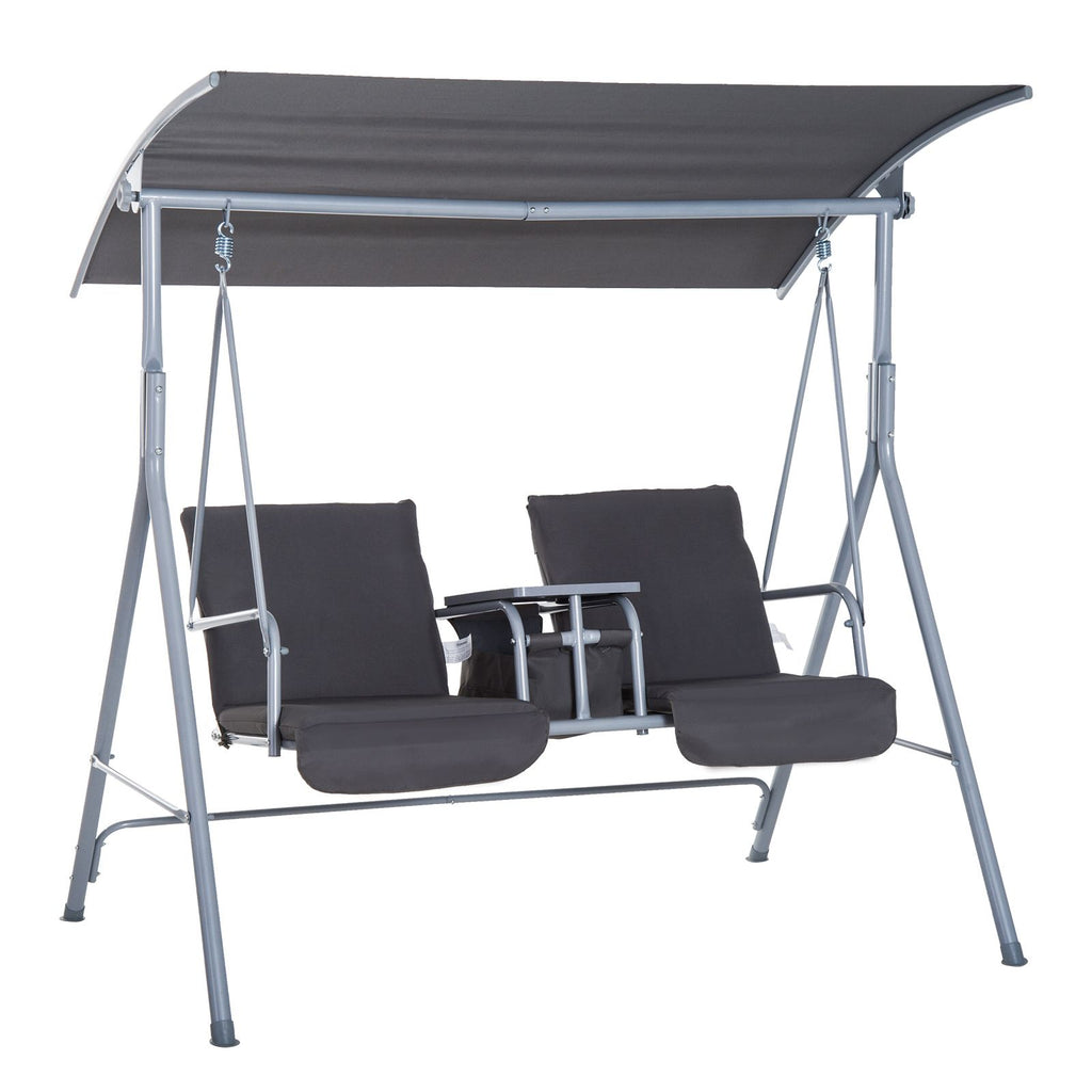 Outdoor Porch Swing for 2 with Adjustable Canopy Table Cup Holders Cushions Anti-Slip Pads in Gray