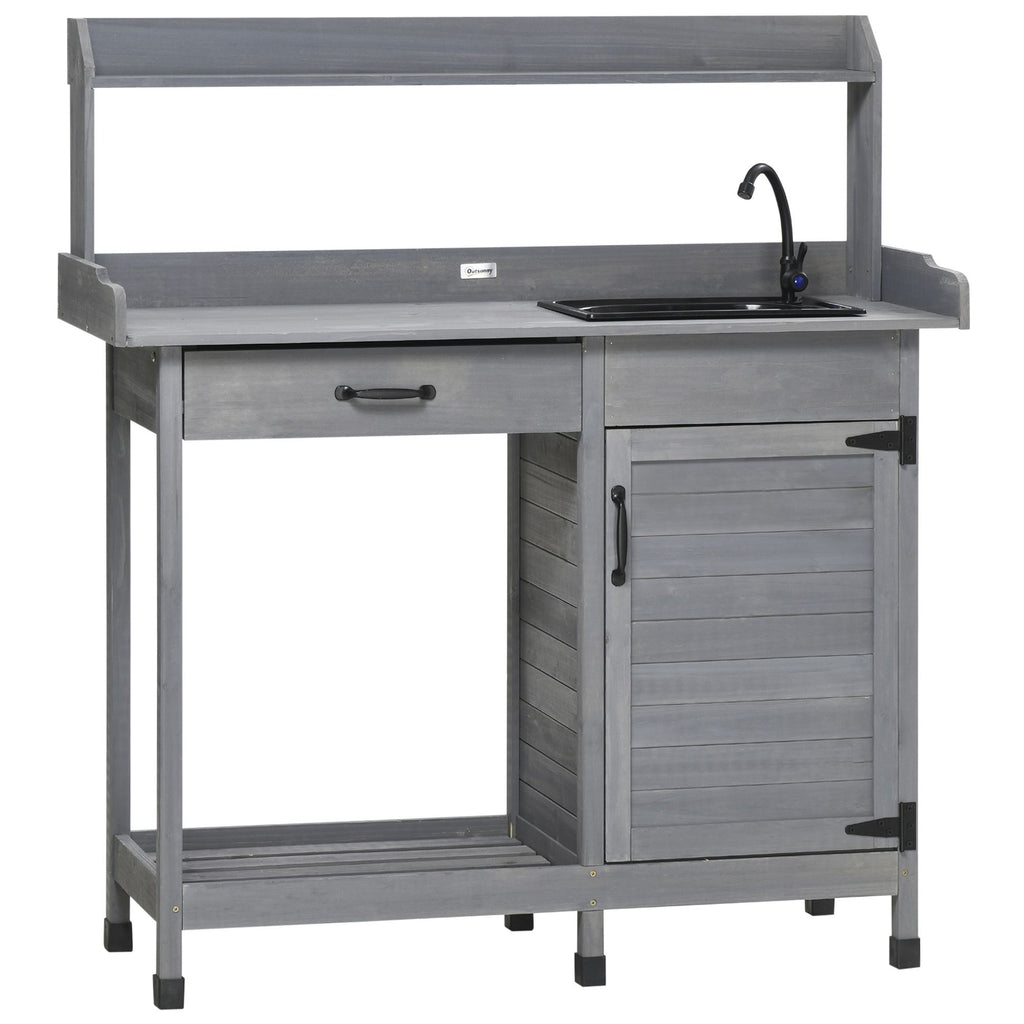 Outdoor Potting Bench Table with Sink, Faucet and Drawer for Greenhouse, Garden, Patio, Gray