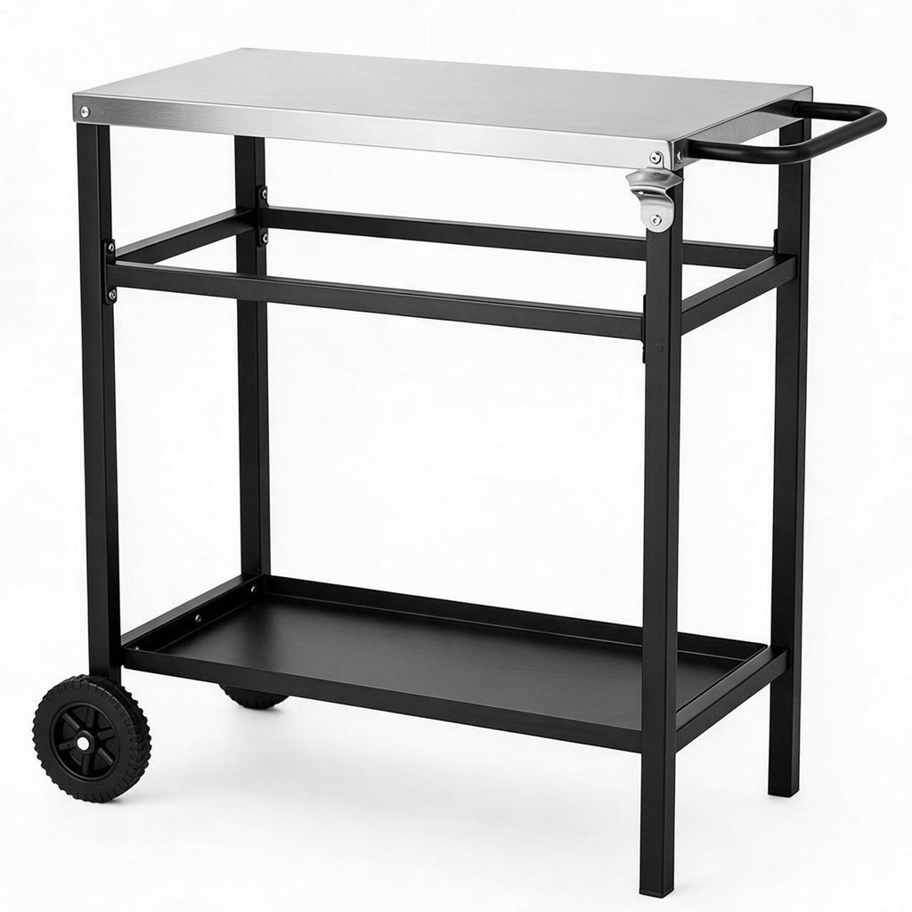 Outdoor Prep Grill Carts, Stainless Steel Tabletop with High Load Capacity Portable BBQ Table, Sturdy Steel Frame 2-Tier Storage Cart, Black