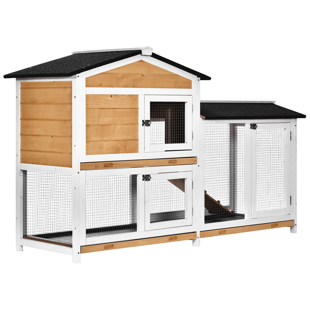 Outdoor Rabbit Hutch 2-Story Wooden Bunny Cage with Ramp Weatherproof Roof Yellow