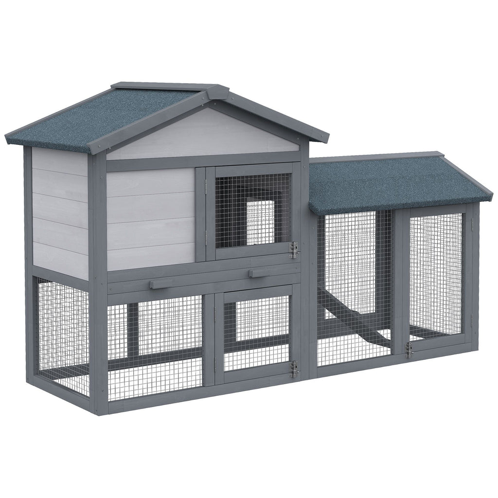 Outdoor Rabbit Hutch Wooden Bunny Cage Guinea Pig House with Run Area Removable Tray Asphalt Roof Lockable Doors Ramp Gray
