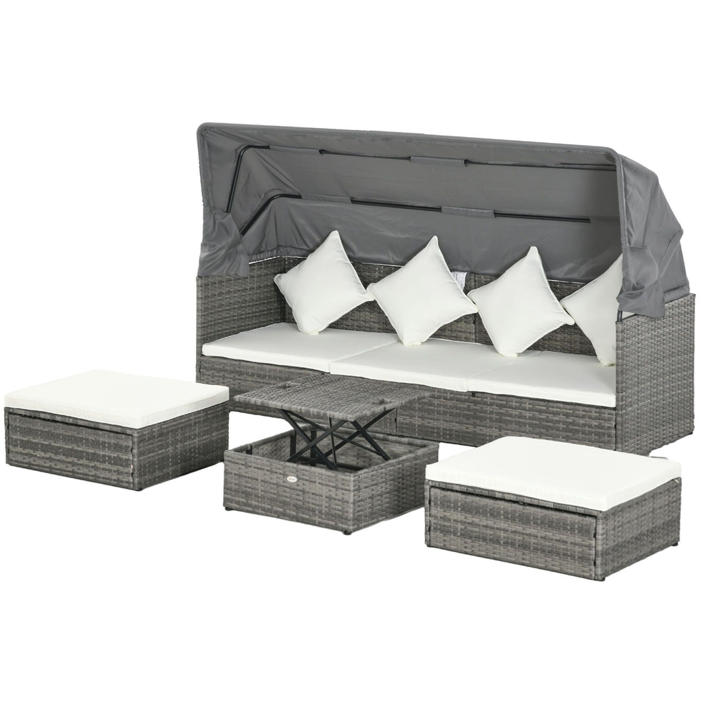 Outdoor Rattan Sofa Set 4-Piece with Retractable Canopy Wicker Sectional Height Adjustable Table Cushions Cream