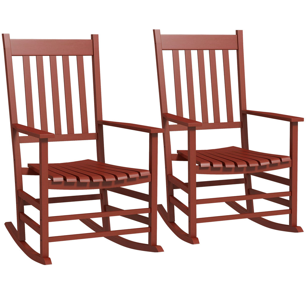 Outdoor Rocking Chair Set of 2, Patio Rocking Chair with Smooth Curves, High Density Wooden Rockers for Lawn Garden Porch, Supports Up to 350lbs, Wine Red