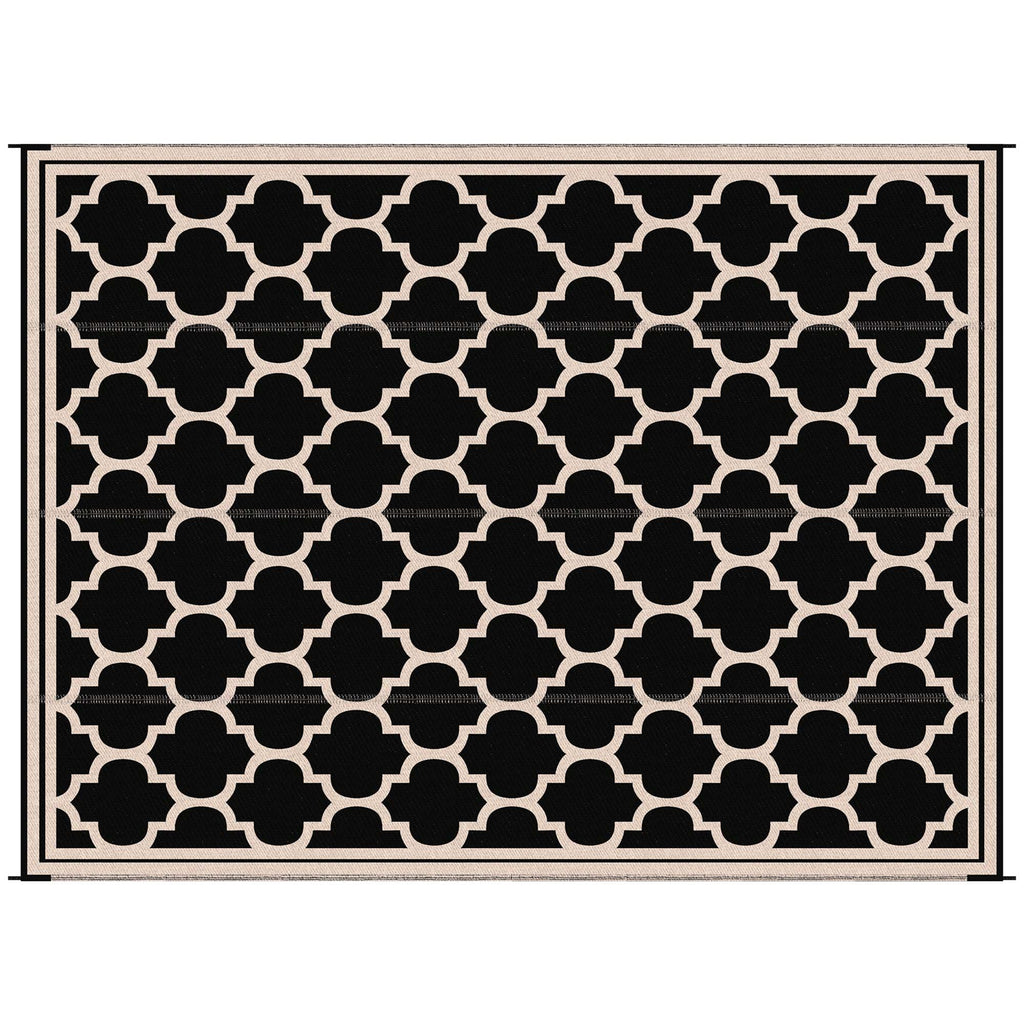 Outdoor Rug 9x12 Modern Reversible Folding Plastic Four Straps for Backyard Deck Picnic Camping Black Beige