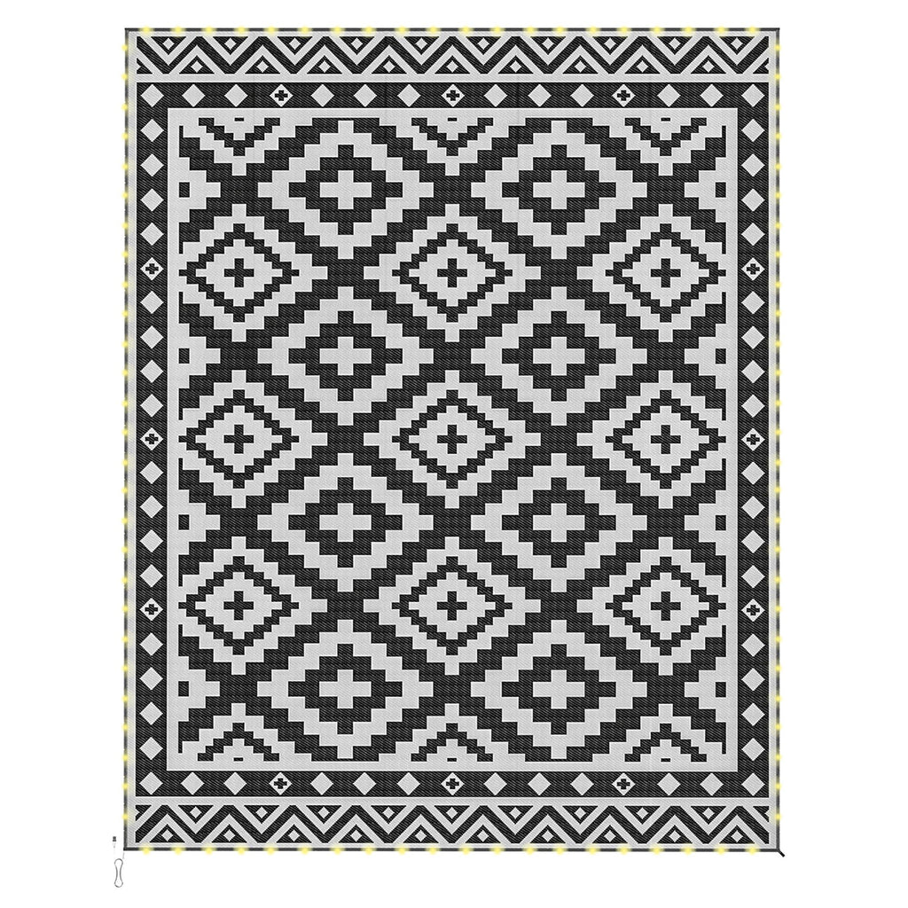 Outdoor Rug Carpet Reversible Plastic Straw Rug with LED Lights Black and White 10' x 8' for Patio