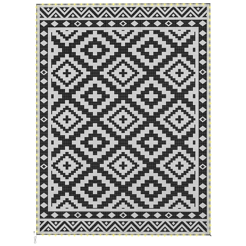 Outdoor Rug Carpet Reversible Plastic Straw Rug with LED Lights Black and White 12' x 9' for Patio