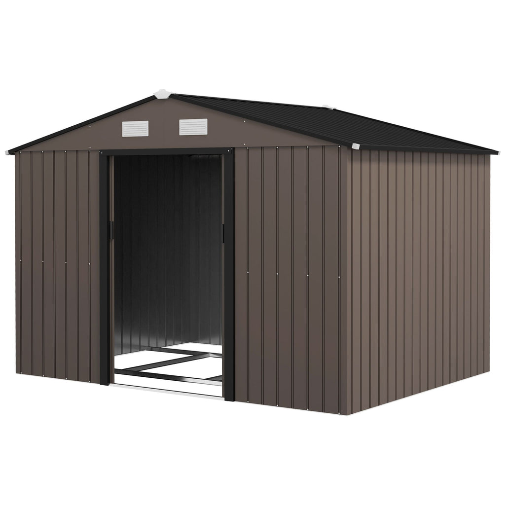 Outdoor Shed Garden Storage Shed, Tool Storage Building with 4 Vents and 2 Sliding Doors for Garden Patio Lawn, 9' x 6', Brown