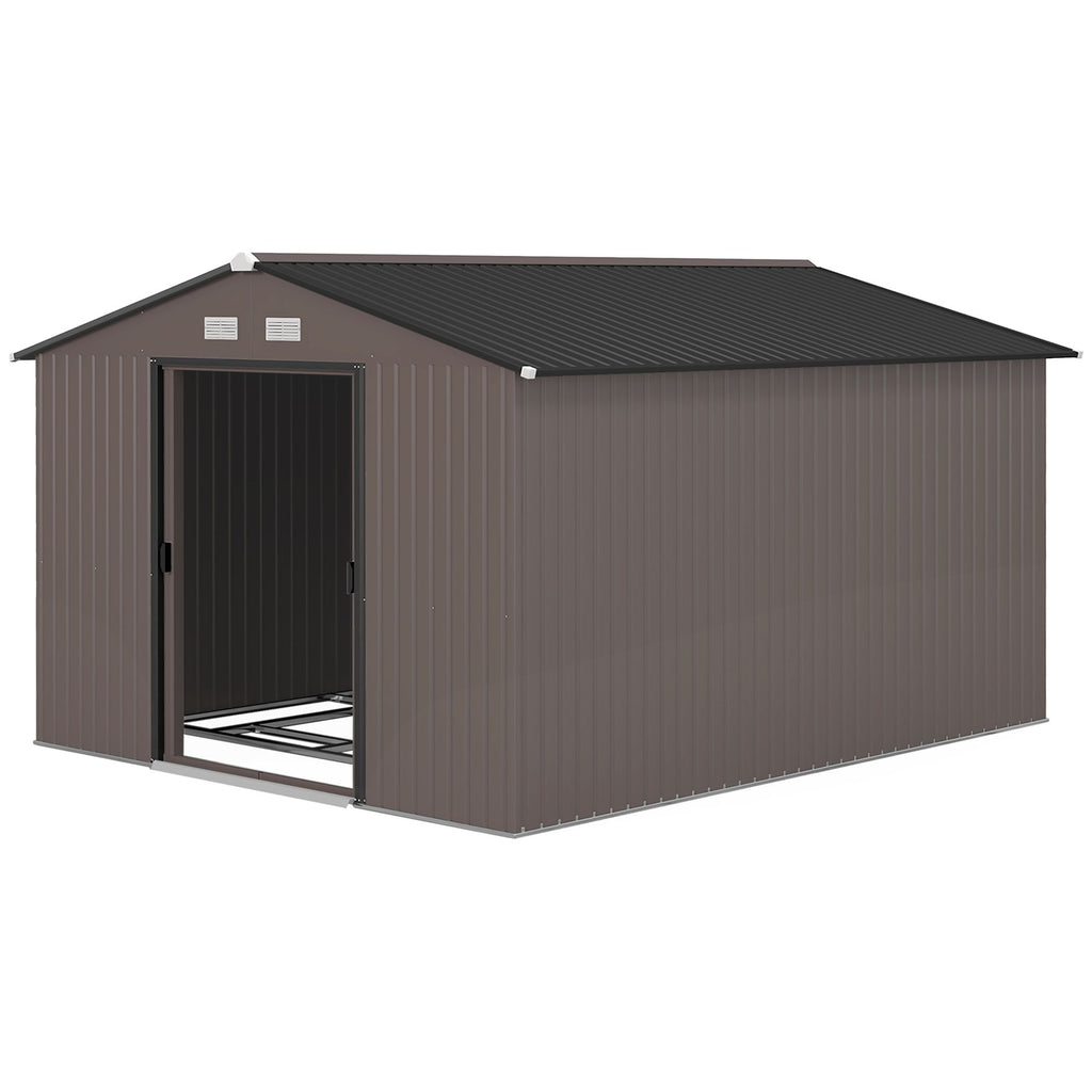 Outdoor Storage Shed 11x9 with Foundation Sliding Doors Vents Brown for Backyard Patio
