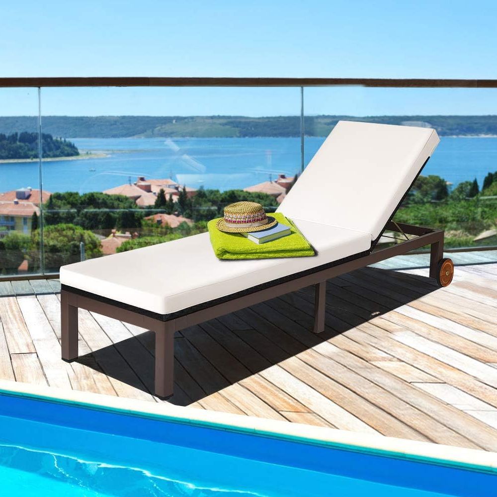 Outdoor Wicker Patio Chaise Lounge Recliner Chair with 5-Position Adjustment and Wheels