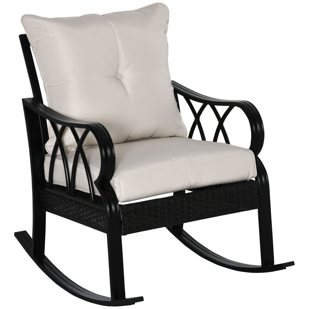 Outdoor Wicker Rocking Chair with Padded Cushions, Aluminum Furniture Rattan Porch Rocker Chair w/ Armrest for Garden, Patio, Khaki