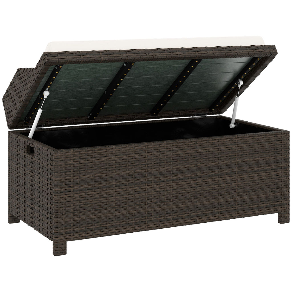 Outdoor Wicker Storage Bench with Storage & Cushion, Cream White