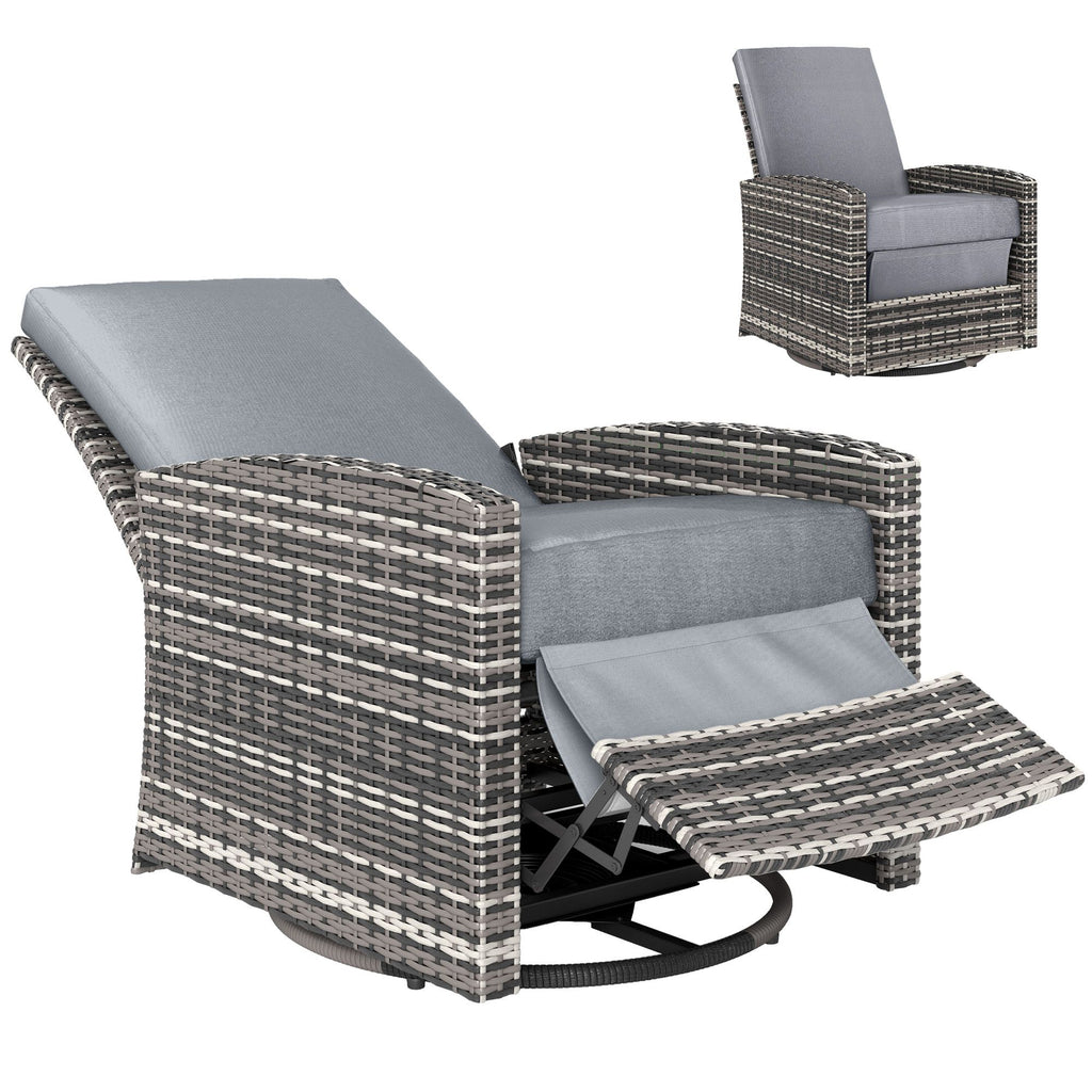 Outdoor Wicker Swivel Recliner Chair, Reclining Backrest, Lifting Footrest, 360°- Rotating Basic, Water Resistant Cushions for Patio, Gray