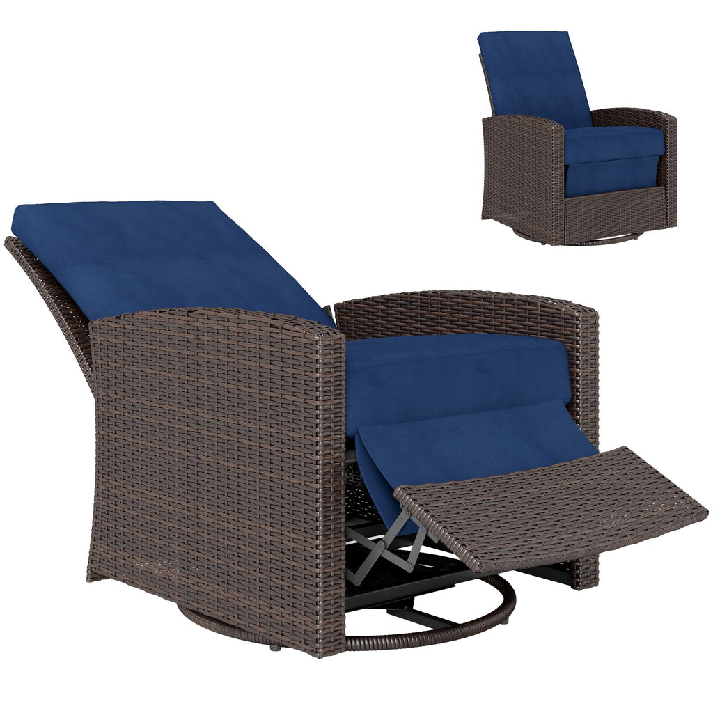Outdoor Wicker Swivel Recliner Chair, Reclining Backrest, Lifting Footrest, 360Â° Rotating Basic, Water Resistant Cushions for Patio, Dark Blue