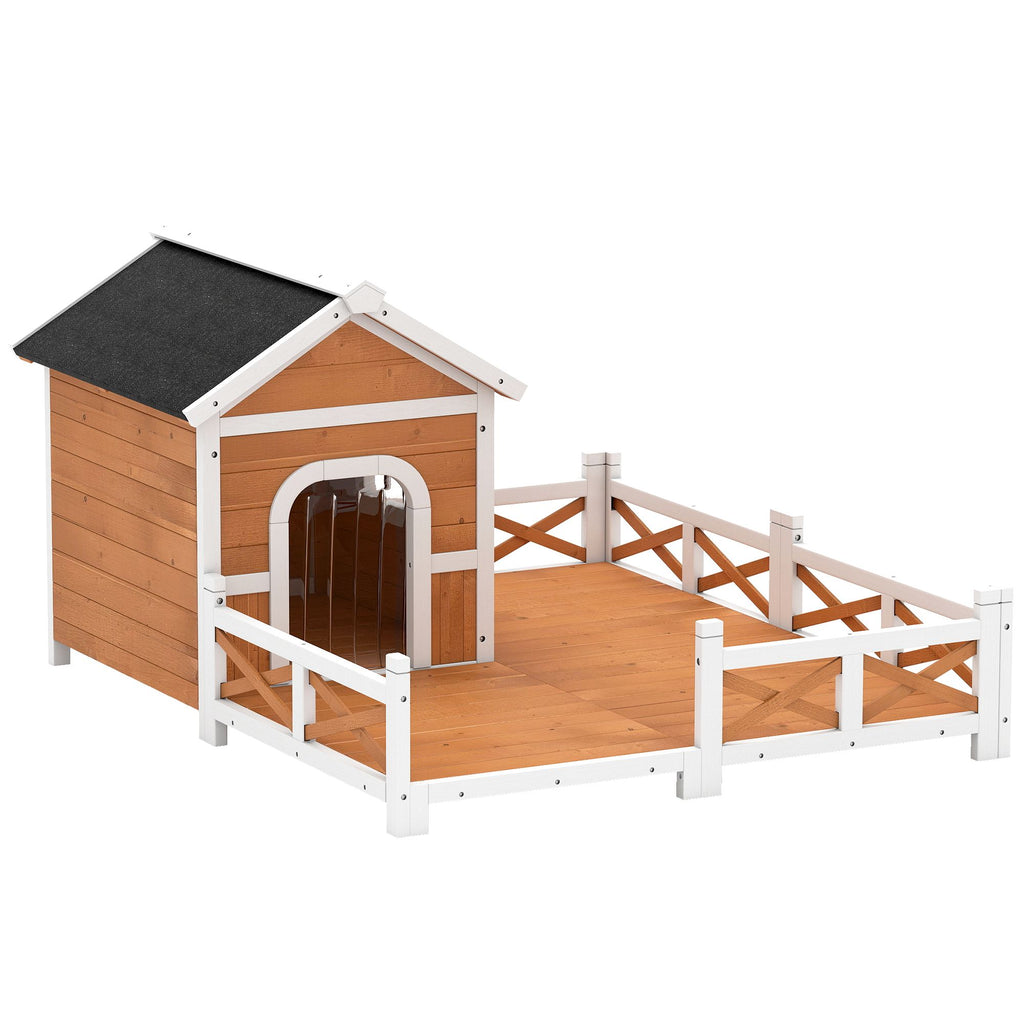 Outdoor Wooden Dog House, Dog Shelter with Large Porch, Weatherproof & Openable Roof, Elevated Base, Removable Floor