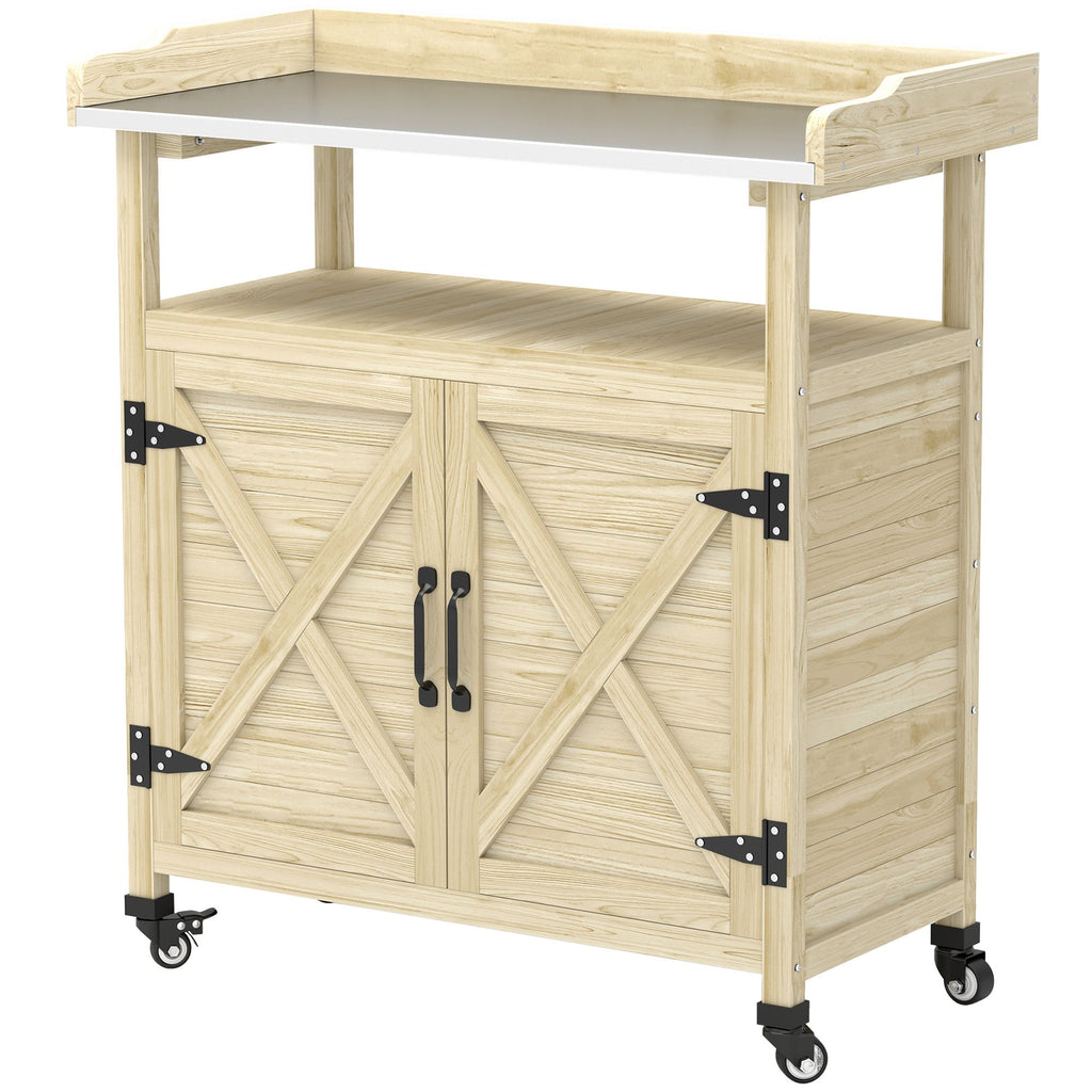 Outdoor Wooden Potting Bench with Storage Cabinet, Aluminum Tabletop, Rubber Wheels for Backyard, Patio, Natural Wood