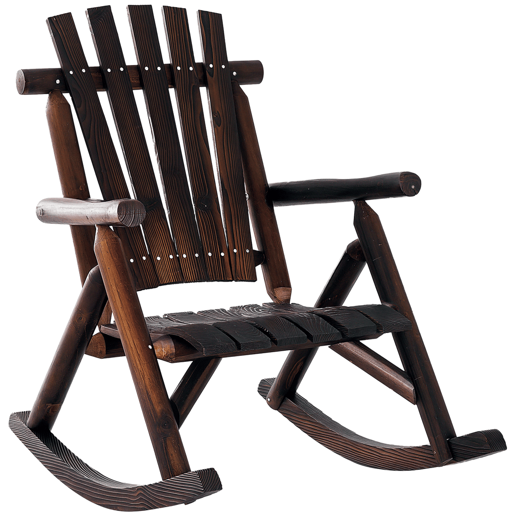 Outdoor Wooden Rocking Chair, Single-Person Rustic Adirondack Rocker with Slatted Seat, High Backrest, Armrests for Patio, Garden and Porch, Brown