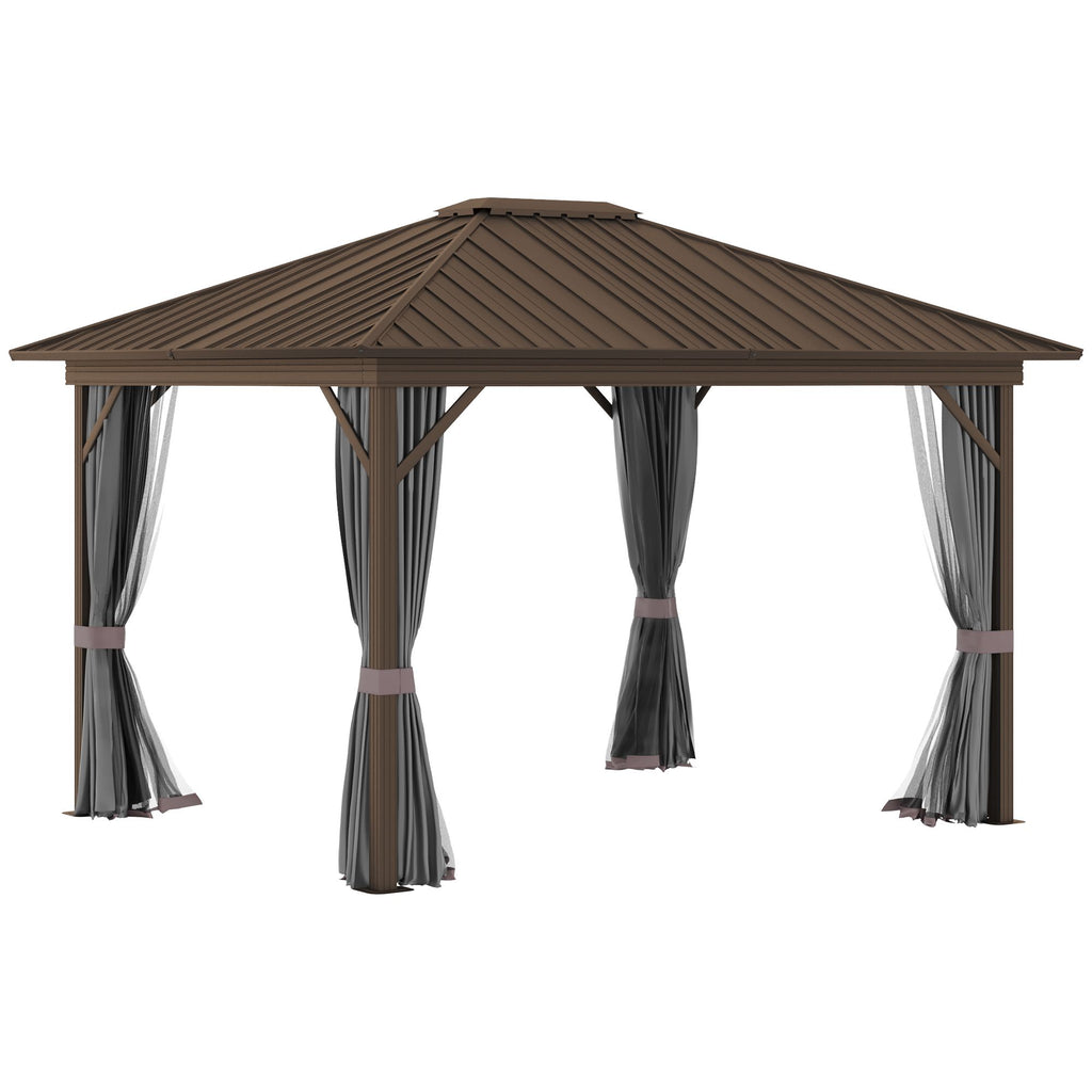 Outsunny 10' x 12' Hardtop Gazebo with Curtains and Netting, Permanent Pavilion Metal Single Roof Gazebo Canopy with Aluminum Frame and Hooks, for Garden, Patio, Backyard, Gray