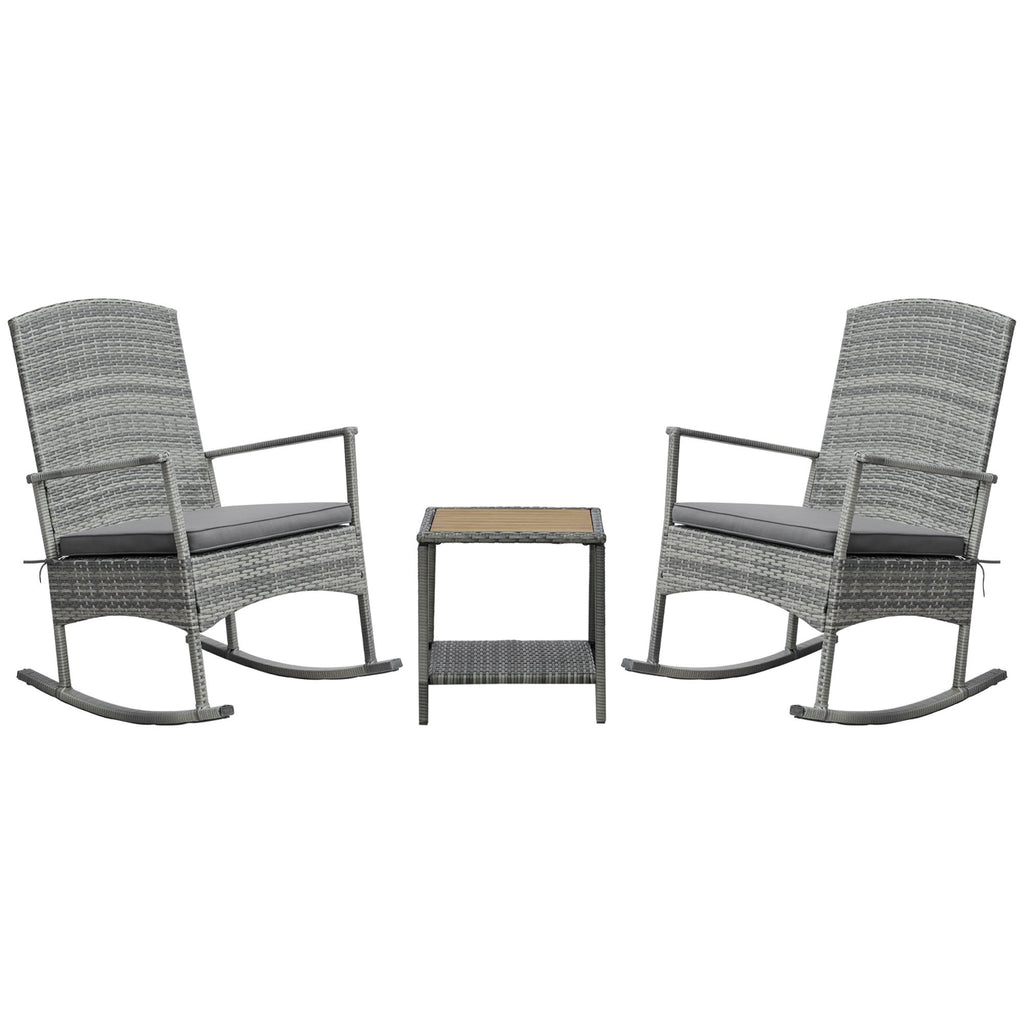 Outsunny 3 Piece Outdoor PE Rattan Rocking Chair Set, Patio Wicker Recliner Rocker Chair with Soft Cushion & Nature Wood Top Coffee Table, Gray