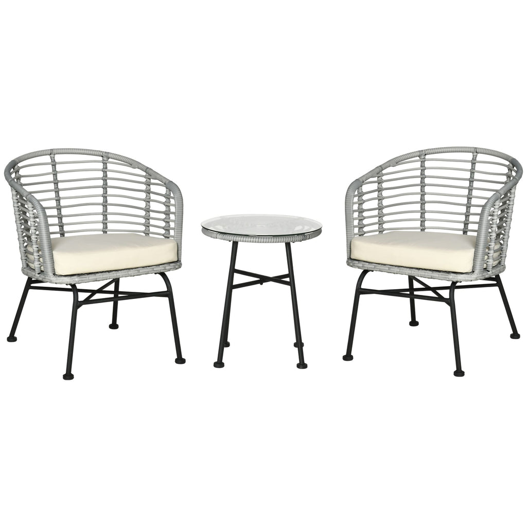 Outsunny 3 Piece Patio Bistro Set, PE Rattan with Cushioned Barrel Chairs & Glass Coffee Table, Conversation Set, Cream White
