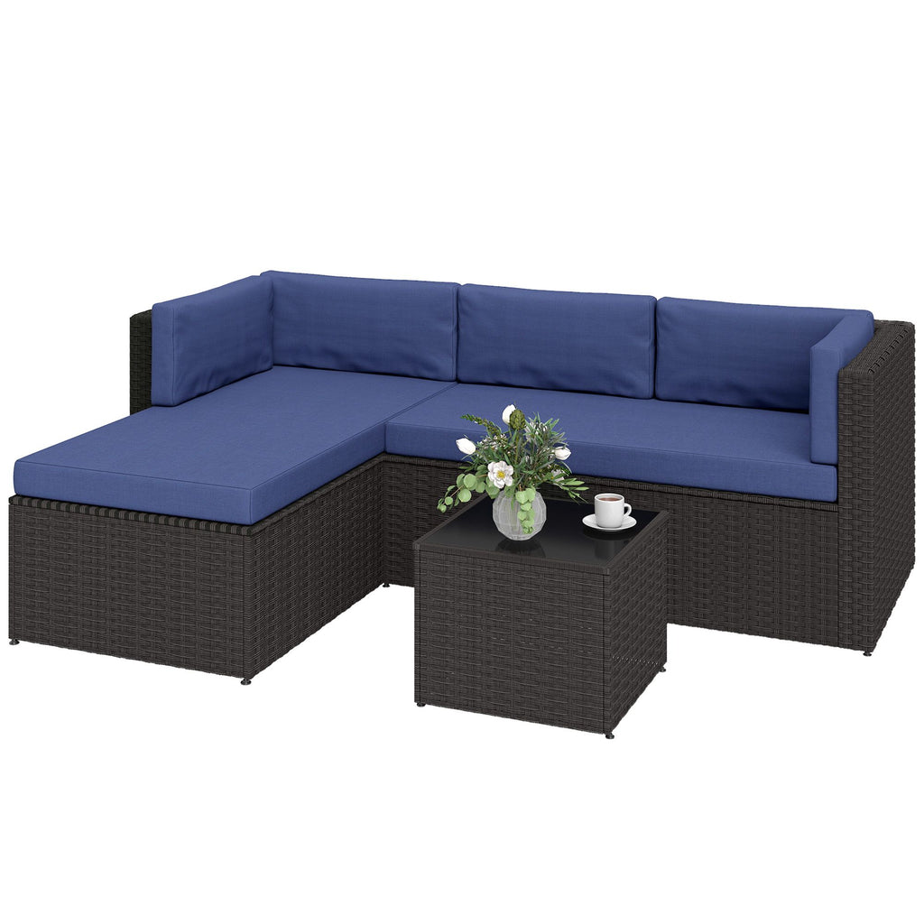 Outsunny 3 Piece Patio Furniture Set, Wicker Outdoor Patio Conversation Furniture Set with Cushions, Glass Top Table, Navy Blue