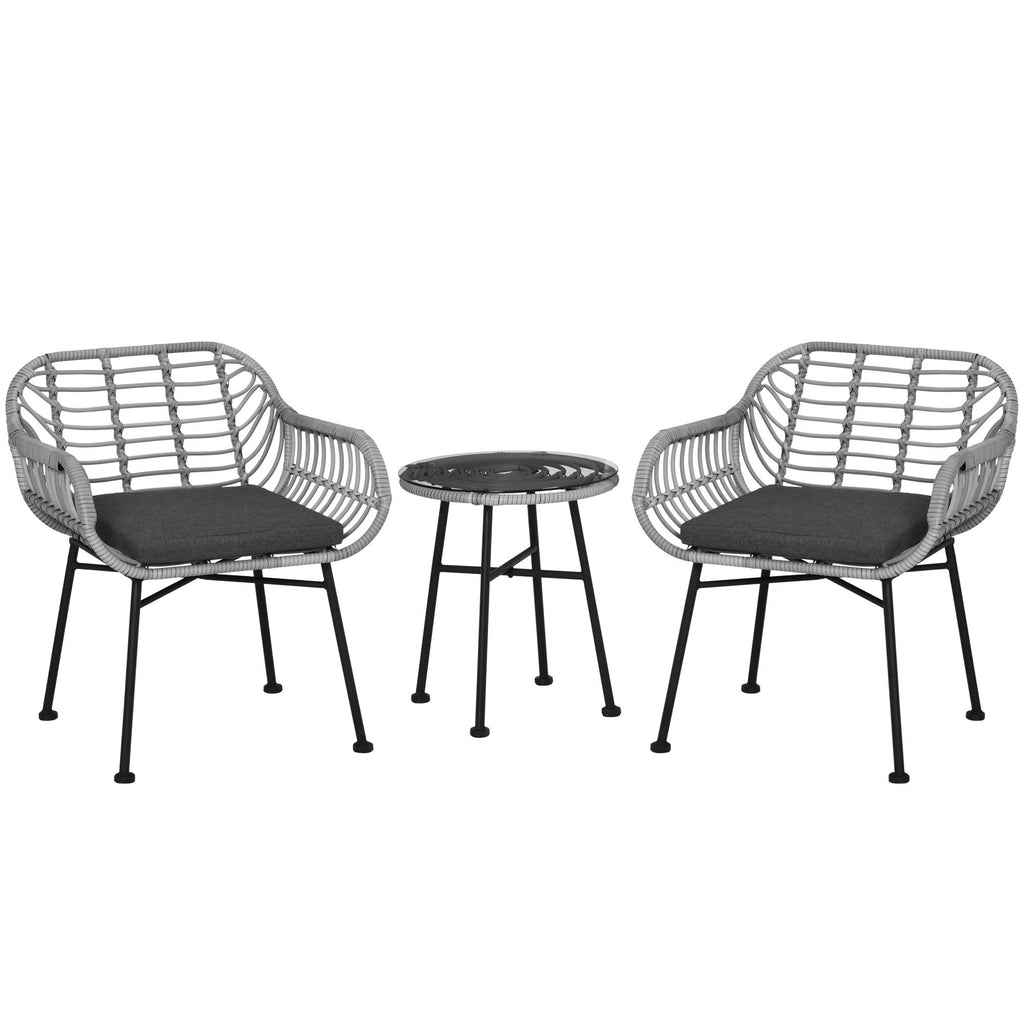 Outsunny 3 Piece Patio Set, Outdoor Bistro Furniture, PE Rattan Wicker Table and Chairs, Cushioned, Gray