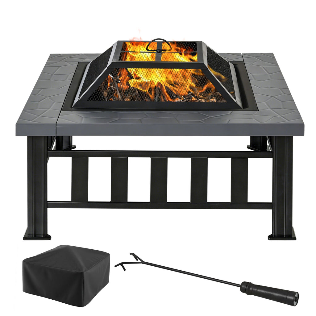 Outsunny 34" Outdoor Fire Pit Square Steel Wood Burning Firepit Bowl with Spark Screen, Waterproof Cover, Log Grate, Poker for Backyard, Camping, BBQ, Bonfire