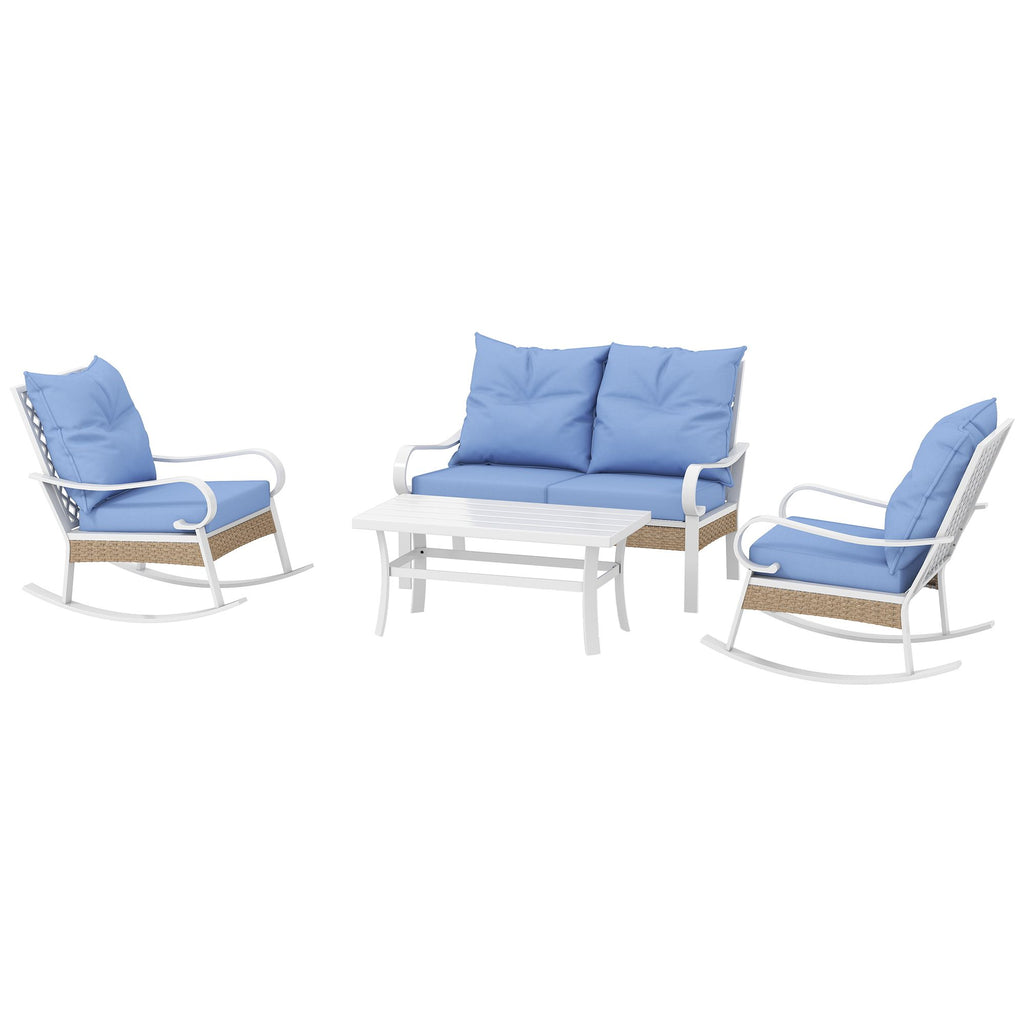 4-Piece Patio Set with Loveseat Sofa Rocking Chairs Coffee Table Cushions Light Blue for Backyard Lawn Pool