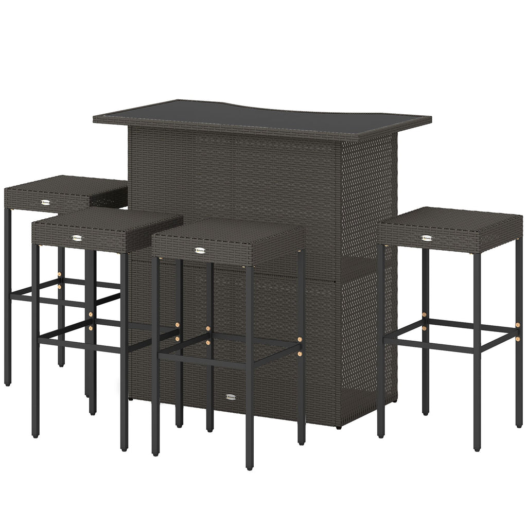 Outsunny 5 Piece Rattan Wicker Bar Set, High Top Outdoor Table and Chairs, Bar Height Patio Set, 2 Shelves & 4 Bar Stools, Brown