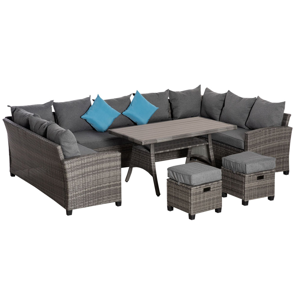 Outsunny 6 Piece Patio Furniture Set, PE Wicker Outdoor Furniture Conversation Set with 3 Sofas, 2 Ottomans and Slatted WPC Top Dining Table, All Weather Sectional Sofa Couch with Pillows, Gray