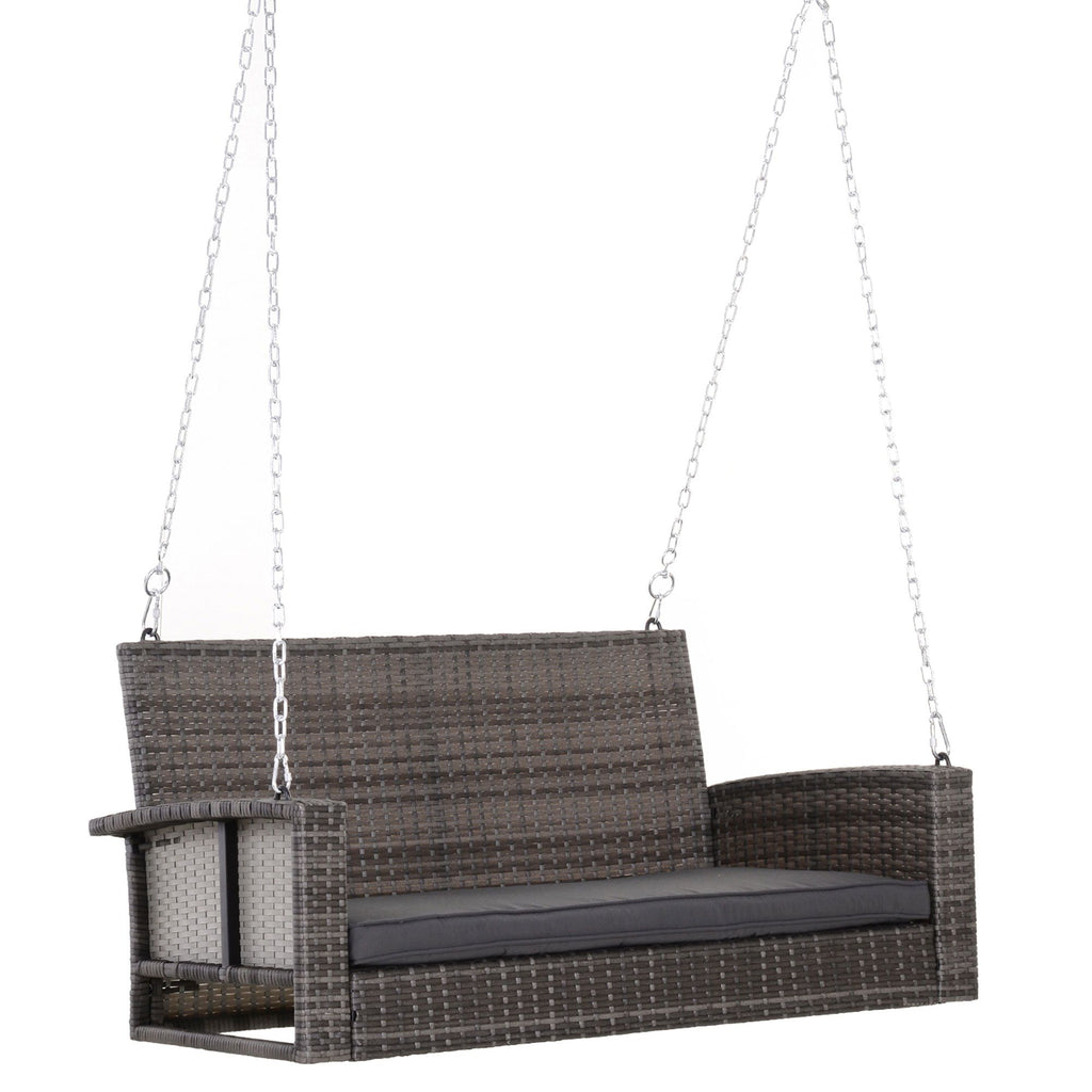 Hanging Porch Swing Bench Wicker 2-Person Outdoor Chair Cushions 550lbs Capacity Grey