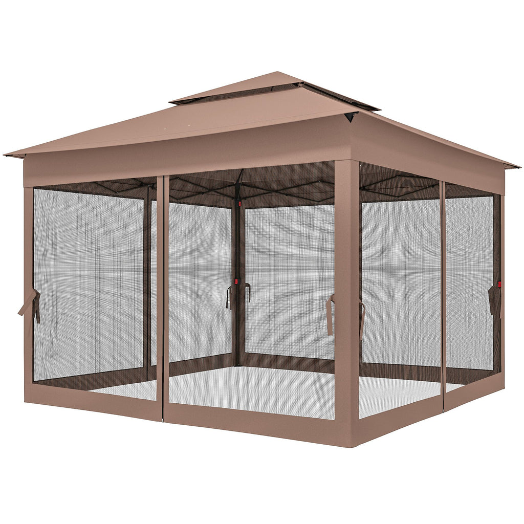 Outsunny Outdoor Patio Pop Up Canopy Gazebo Shelter with Zipper Netting, Carry Bag, 11' x 11', Brown