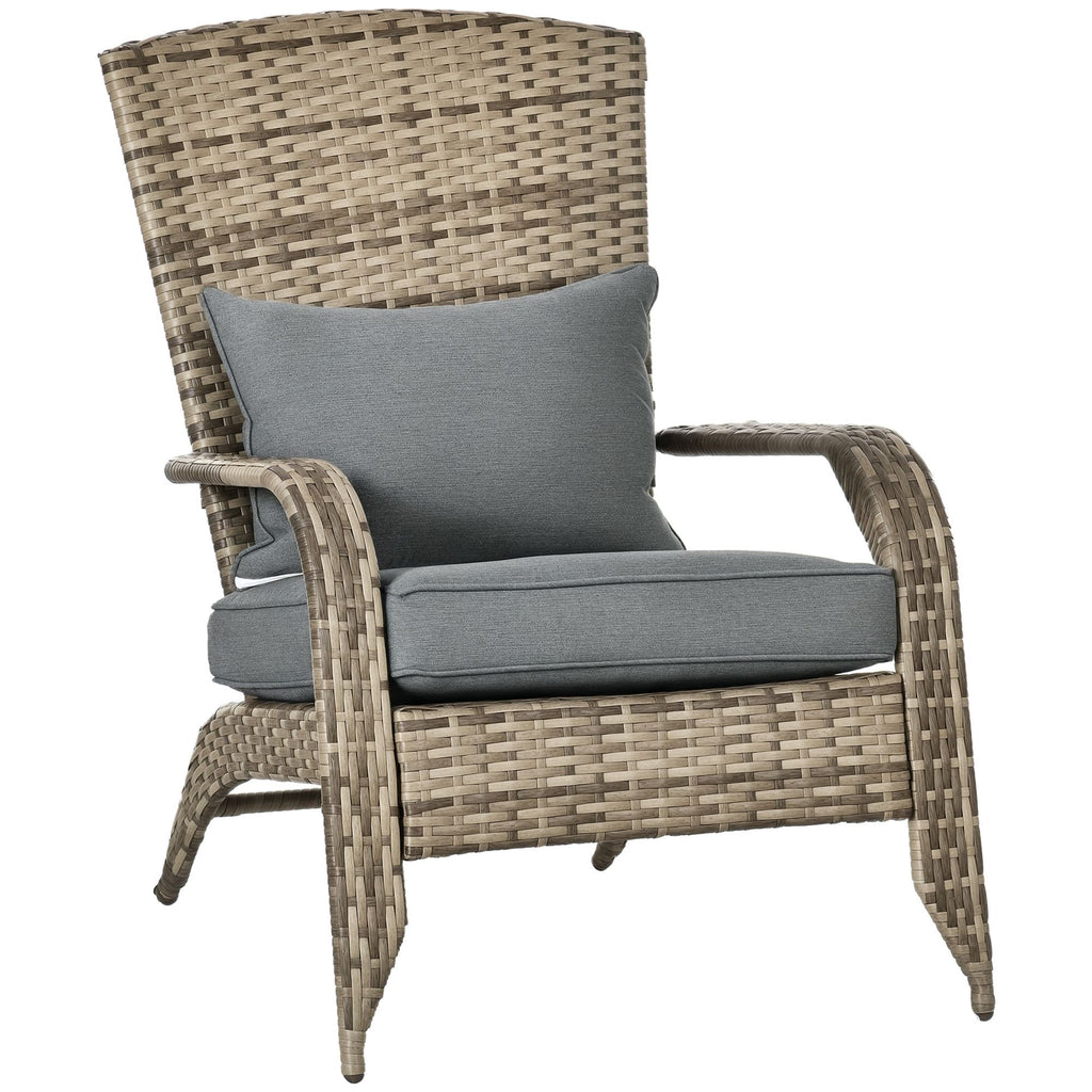 Outsunny Patio Wicker Adirondack Chair, Outdoor All-Weather Rattan Fire Pit Chair w/ Soft Cushions, Tall Curved Backrest and Comfortable Armrests for Deck or Garden, Mixed Tan/Dark Gray