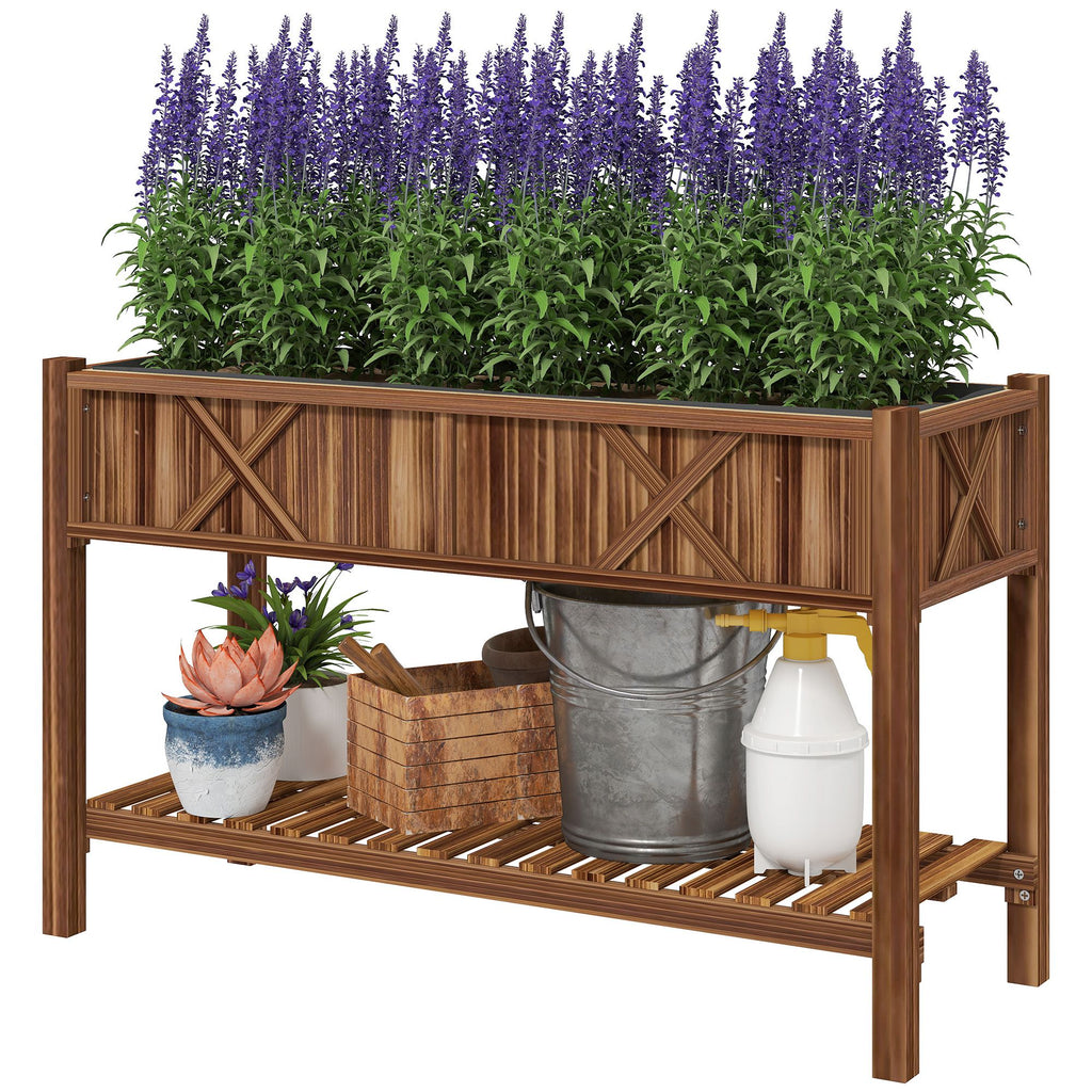 Raised Garden Bed, 47 x 22 x 31.5in Elevated Wood Planter Box with Storage Shelf, Drainage Holes and Liner, Carbonized