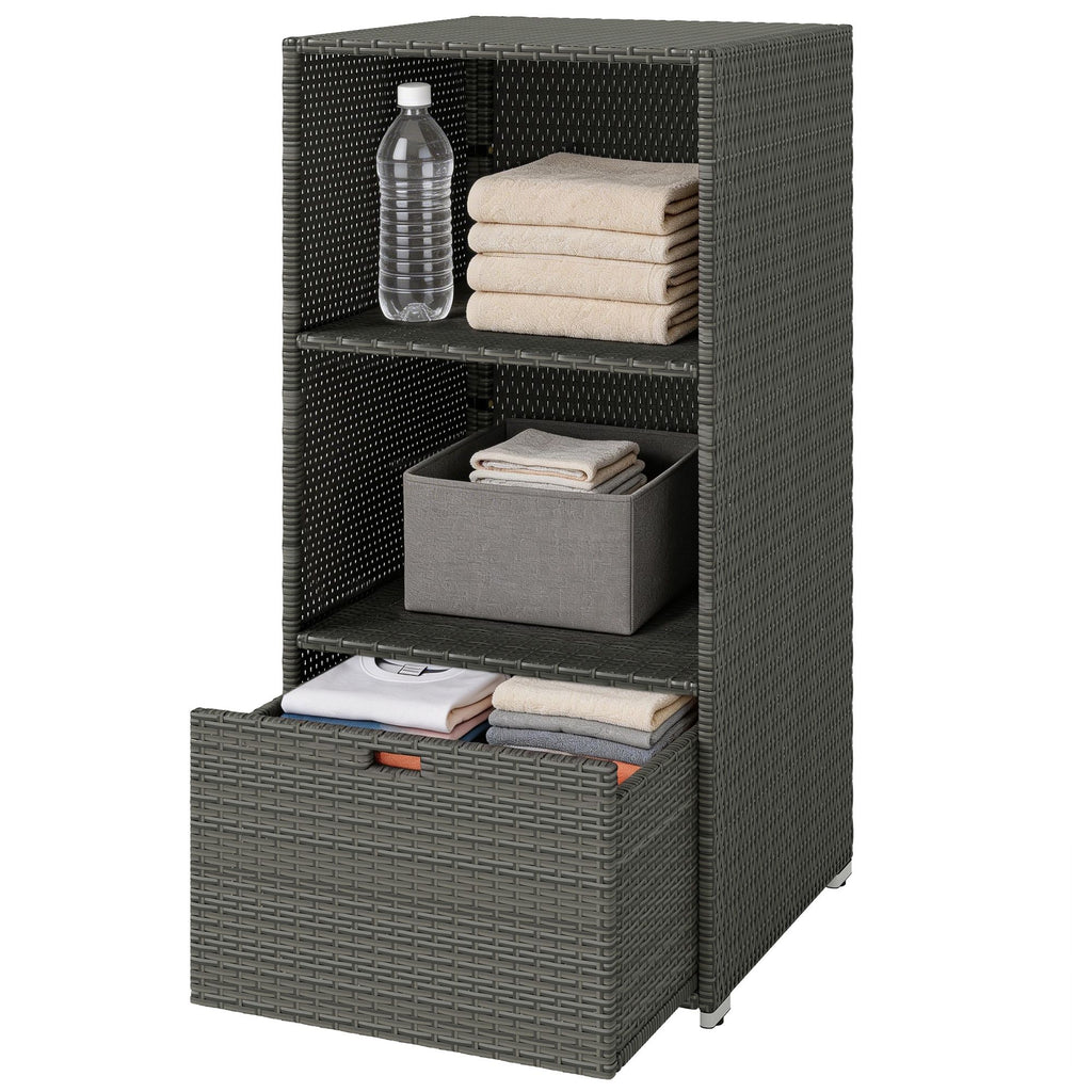 Outsunny Valet Pool Towel Rack, Water-Resistant PE Plastic Rattan Wicker Storage Organizer, 2 Shelves, 1 Basket Drawer, Dark Gray