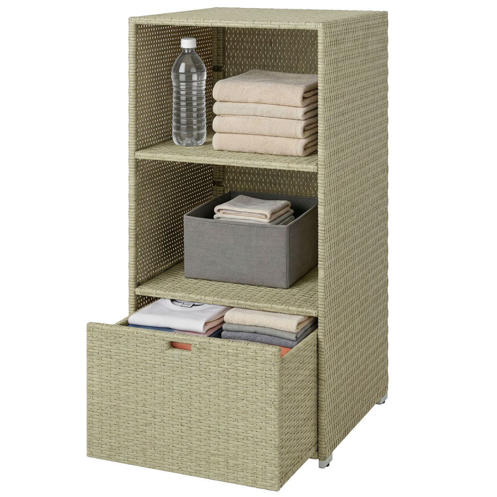 Outsunny Valet Pool Towel Rack, Water-Resistant PE Plastic Rattan Wicker Storage Organizer, 2 Shelves, 1 Basket Drawer