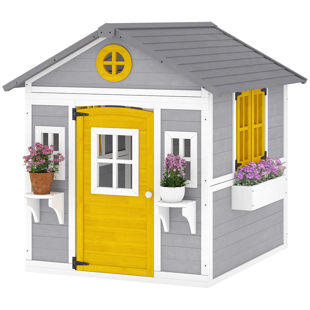 Outsunny Wooden Playhouse for Kids Outdoor with Doors, Windows, Planter Pots and Boxes for Toddlers 3-8 Years, Gray