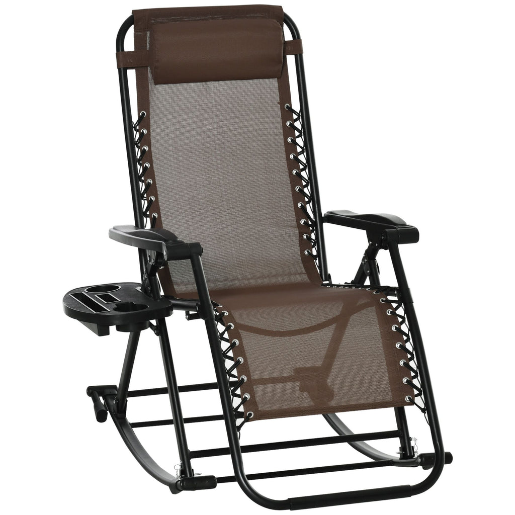 Outdoor Rocking Chairs, Foldable Reclining Zero Gravity Lounge Rocker with Pillow, Cup & Phone Holder, Combo Design with Folding Legs, Brown