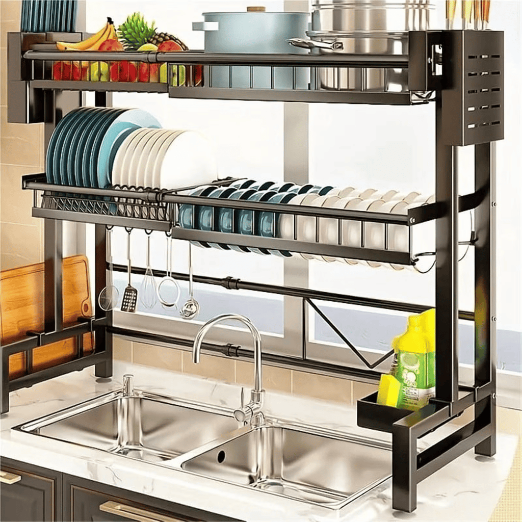 Over The Sink Dish Drying Rack, Telescopic 2 Tier Large Capacity Dish Rack, Sink Organize Stand, Kitchen Counter Storage Shelf Supplies for Plates Bowls Pots