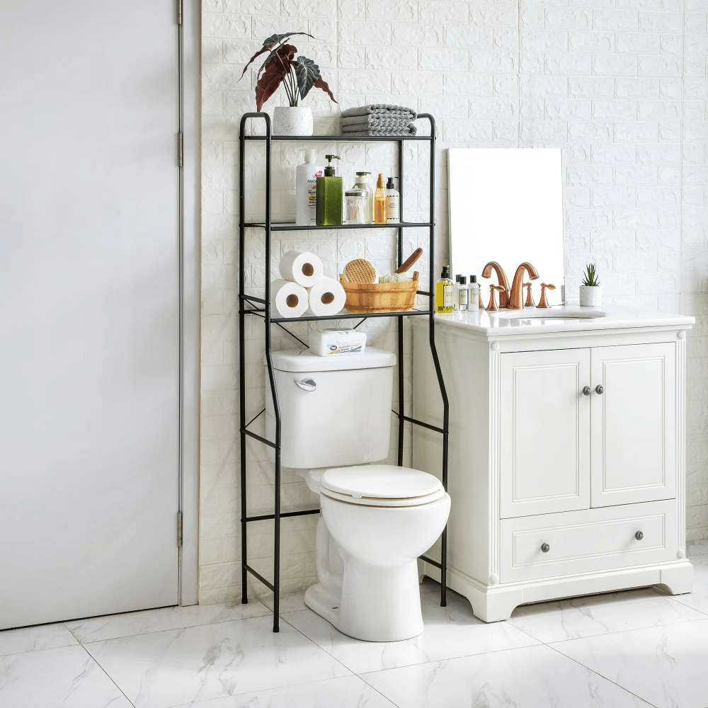 Over-the-Toilet SteelStorageUnit with 3 Shelves and Liners, Matte Black