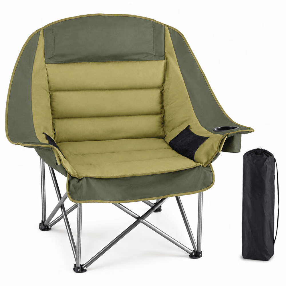 Oversized Heavy Duty Camping Chair, 500 lbs Capacity, Foldable Outdoor Seat with Cup Holder & Side Pockets, Portable Lawn SeatforOutdoor Activities, Black Green