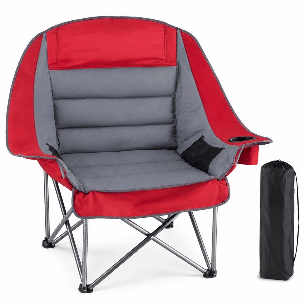 Oversized Heavy Duty Camping Chair, 500 lbs Capacity, Foldable Outdoor Seat with Cup Holder & Side Pockets, Portable Lawn SeatforOutdoor Activities,Red-Gray